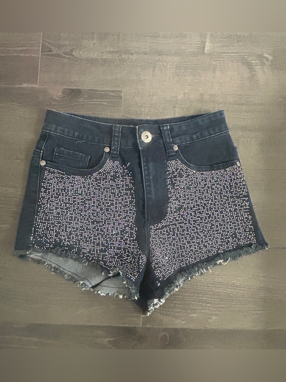 Seductions Sirens Navy Rise Rhinestone Studded Black Denim Cutoff Shorts Size 3
